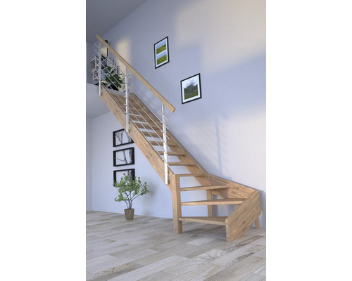 Escalier en bois avec rampe en métal dans un espace de vie moderne