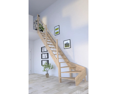 Escalier en bois dans un intérieur avec rampe et décoration murale.