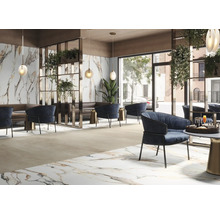 Intérieur avec carrelage au sol imitation marbre, sièges et éléments décoratifs.