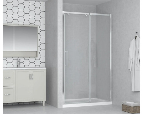 Porte de douche dans niche avec porte coulissante form&style MODENA 100 cm couleur du profilé chrome décor de vitre verre transparent avec verre antitache butée de porte à droite poignée barre