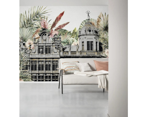 Image murale avec un bâtiment et des plantes pour une atmosphère claire et spacieuse