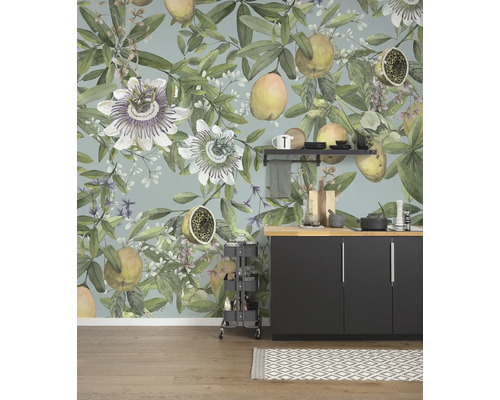 Papier peint panoramique intissé P277-VD3 Bellezza 3 pces 300 x 250 cm Cuisine avec papier peint photo floral avec citrons et fleurs