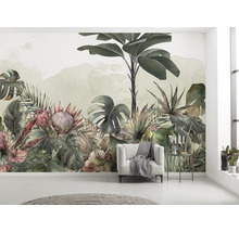 Mur avec un papier peint photo avec des motifs de jungle représentant une forêt tropicale avec une végétation luxuriante