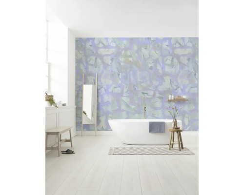 Papier peint panoramique intissé P259-VD4 Opal Waters 4 pces 400 x 250 cm Salle de bains avec baignoire îlot, miroir et papier peint à motifs