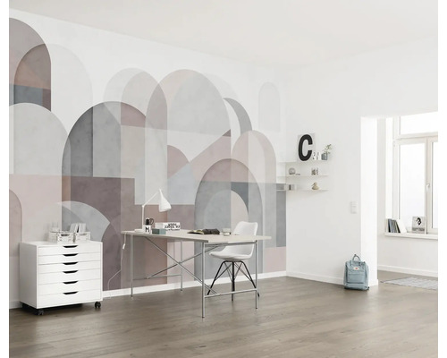 Bureau lumineux avec papier peint photo géométrique, bureau, caisson à roulettes et chaise