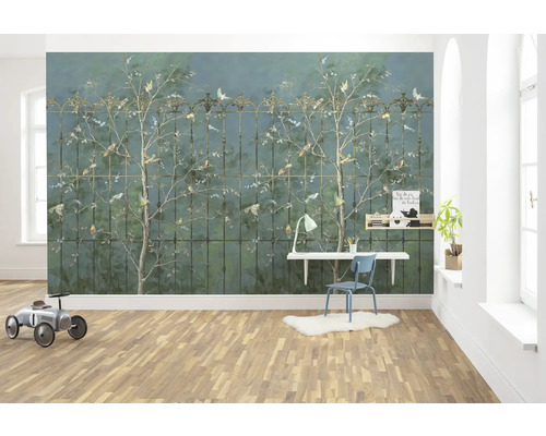 Papier peint panoramique intissé P272-VD4 Birdsong Breeze 4 pces 400 x 250 cm Pièce avec papier peint à motifs, bureau et voiture jouet