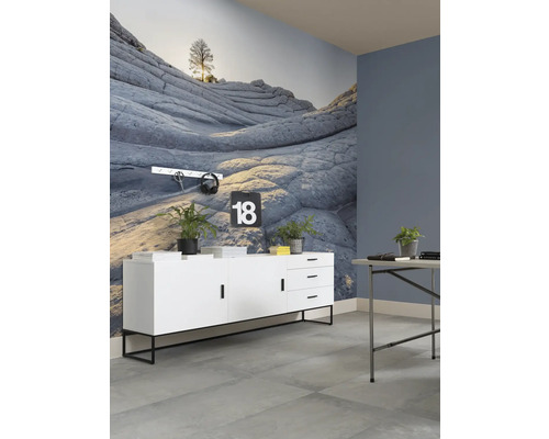 Salon avec commode, table et papier peint mural rocheux