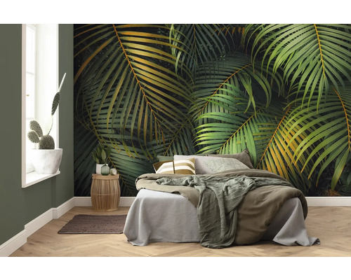Papier peint panoramique intissé PSH109-VD4 Amazon Fern 4 pces 400 x 250 cm Chambre avec papier peint photo à motifs de plantes, lit et décorations