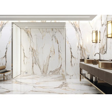 Salle de bain lumineuse avec douche, lavabo et carrelage en marbre pour murs et sols.