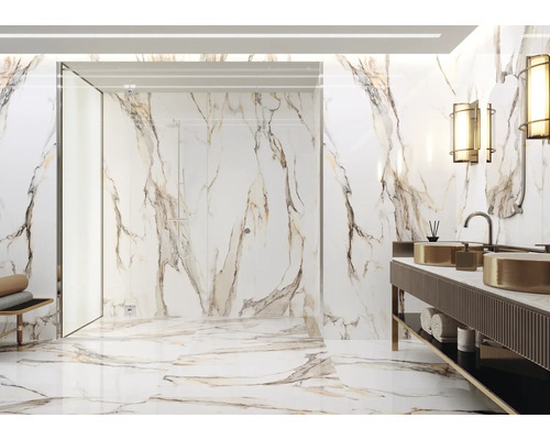 Salle de bain lumineuse avec douche, lavabo et carrelage en marbre pour murs et sols.