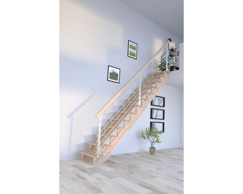 Escalier en bois avec rampe en acier inoxydable dans une pièce lumineuse
