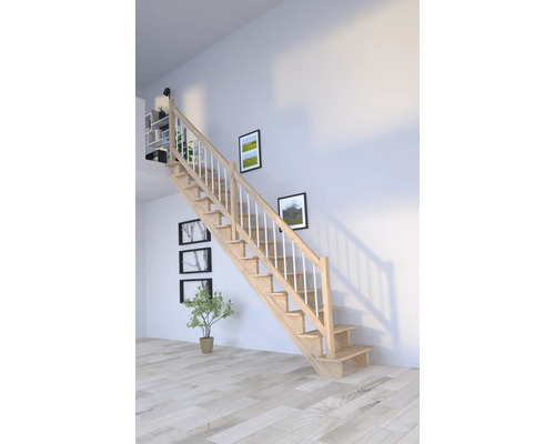 Escalier en bois avec rampe dans une pièce lumineuse avec des tableaux au mur et une petite plante.