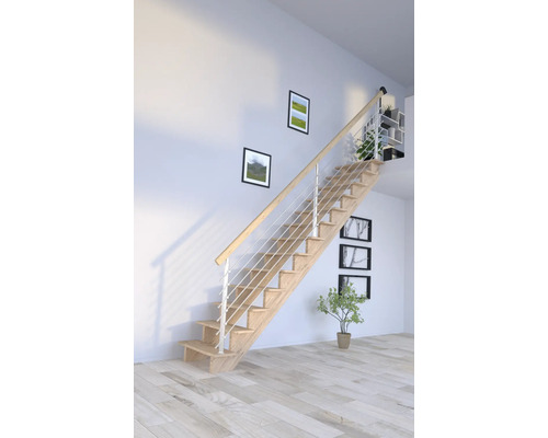 Escalier en bois avec rampe en acier dans une pièce lumineuse.