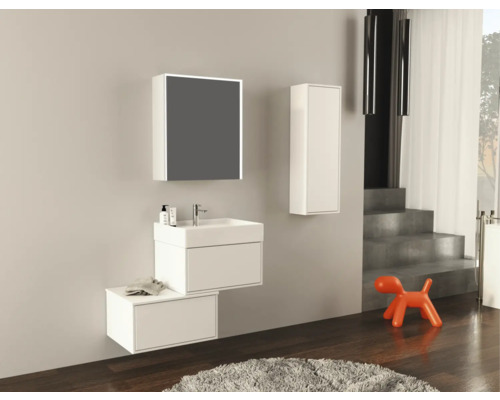 Badezimmer mit Waschbecken, Spiegel, Hochschrank und Dekoration