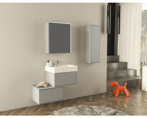 Modernes Badezimmer mit Waschtisch, Spiegel, Hochschrank und Dekoration