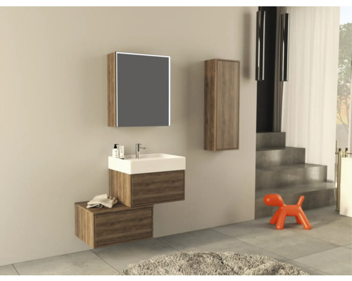 Badezimmer mit Waschtisch, Spiegelschrank und Hängeschrank in Holzausführung