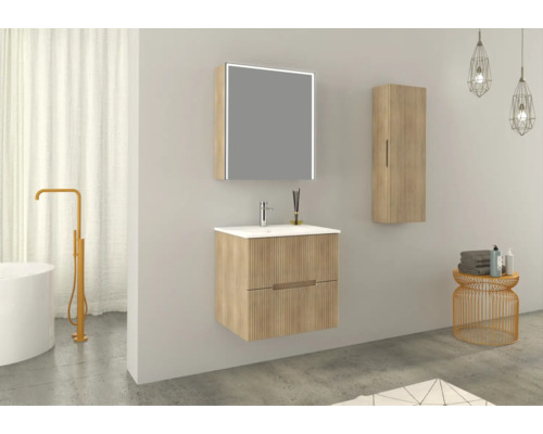 Salle de bains moderne avec meuble-lavabo, armoire de toilette, armoire haute et éléments décoratifs pour une ambiance lumineuse et élégante.