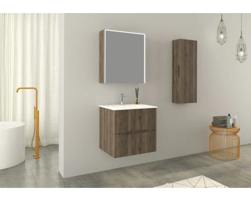 Salle de bain avec meuble sous-lavabo, armoire de toilette et armoire haute