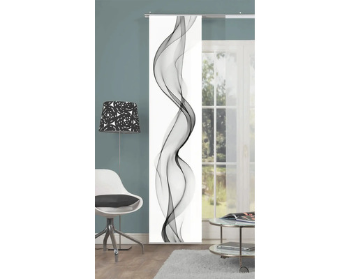 Panneau coulissant décoratif avec motif de vagues abstraites dans un salon.