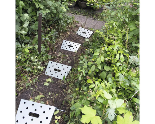 Trittplatten aus Metall in einem Gartenweg zwischen Pflanzen.