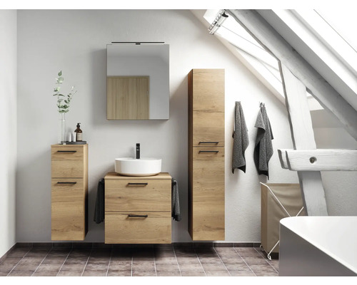 Salle de bains avec meuble-lavabo, armoire de toilette à miroir et armoire haute aspect bois.