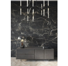 Salon avec mur en marbre noir, lampe et buffet