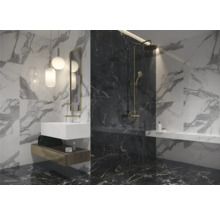 Salle de bain moderne avec carrelage en marbre, lavabo et douche