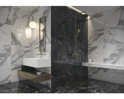 Modernes Badezimmer mit Marmorfliesen, Waschbecken und Dusche