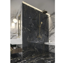 Salle de bains moderne avec carrelage en marbre, douche et lavabo.