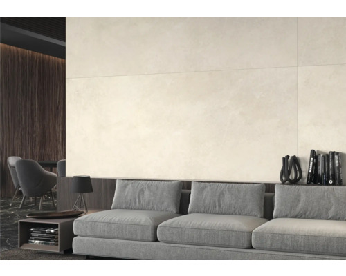 Wohnzimmer mit Fliesenwand, Sofa und Dekoration