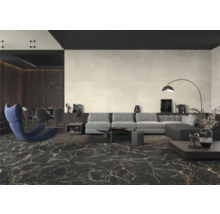 Salon avec canapé, fauteuil et carrelage imitation marbre