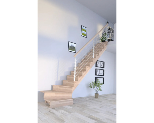 Helle Holztreppe mit Edelstahlgeländer in einem modern gestalteten Raum.
