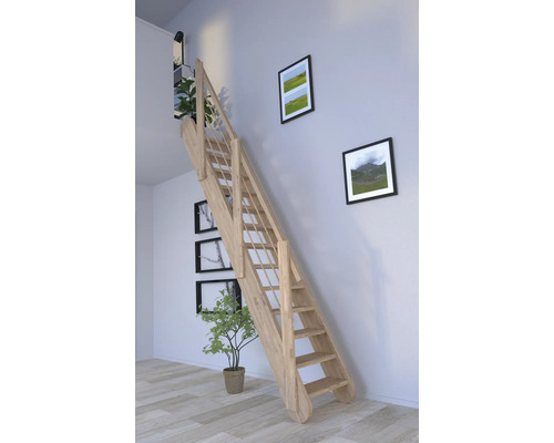 Holztreppe im Raum mit Bildern an der Wand und Pflanzen