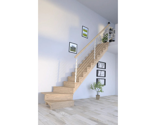 Helle Holztreppe mit Edelstahlgeländer in einem modernen Wohnraum mit Bildern an der Wand