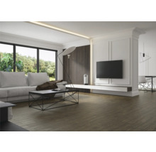 Salon lumineux avec canapé, table basse, télévision et parquet.