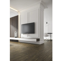 Salon avec télévision, panneaux muraux et parquet pour une ambiance moderne.