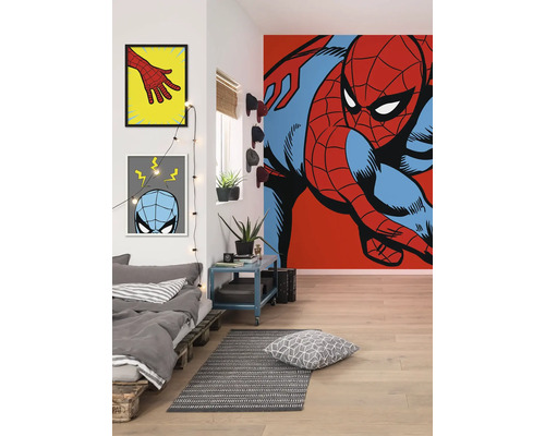 Chambre avec fresque murale Spiderman, lit, tapis et décoration