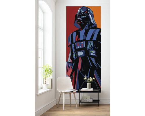 Illustration de Darth Vader comme décoration murale dans une pièce.