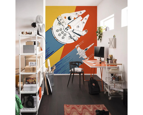 Chambre de jeunes avec fresque murale Star Wars, étagère et bureau.