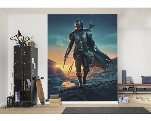 Papier peint photo représentant un Mandalorien et un enfant dans un environnement de salon.