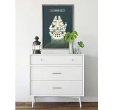 Dekorative Szene mit einer Kommode und einem gerahmten Millennium Falcon Poster.