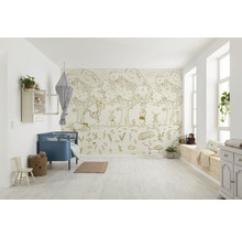 Chambre d''enfant avec papier peint Winnie l''ourson, lit à barreaux et parquet