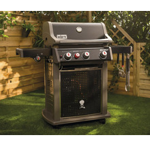 Barbecue à gaz Weber Spirit avec trois brûleurs dans le jardin.