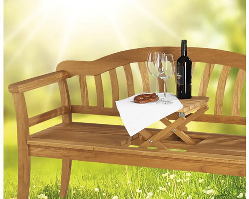 Banc de jardin en bois avec table intégrée, vin, verres et pâtisseries