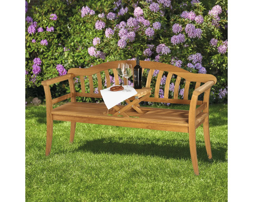 Banc de jardin en bois avec table, bouteille de vin et verres