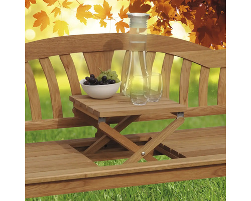 Banc de jardin en bois avec table intégrée et boissons