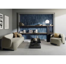 Salon avec canapé, fauteuil, table basse, bibliothèque et carreaux muraux bleus