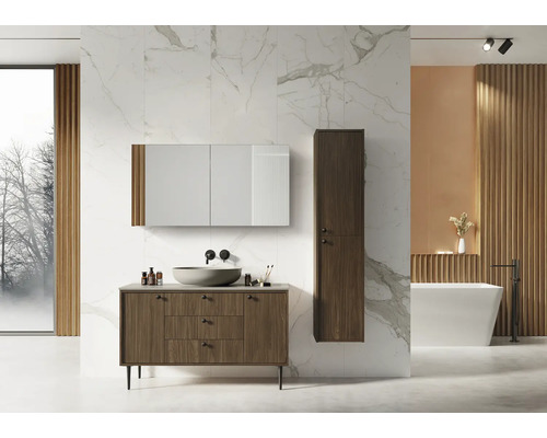 Salle de bains moderne avec meuble-lavabo, armoire de toilette à miroir et armoire haute à l''aspect bois devant un mur en marbre.