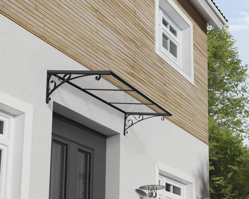 Auvent avec cadre en acier filigrane et toit transparent au-dessus d''une porte d''entrée.