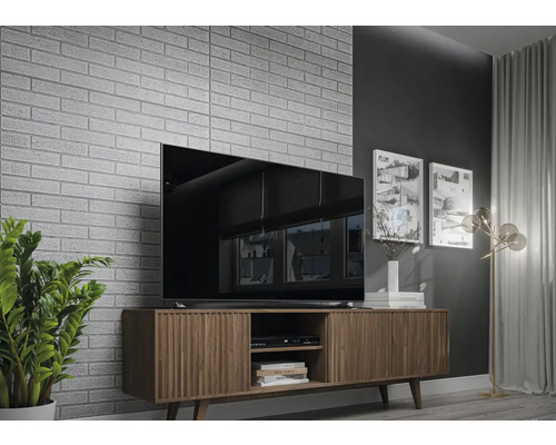 Salon avec télévision sur meuble en bois devant un mur de briques.